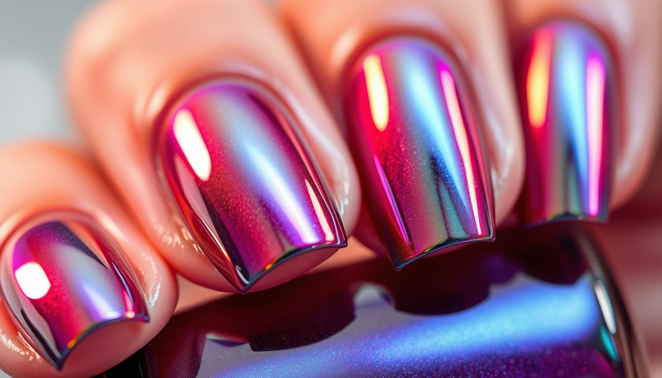A close-up view of beautifully manicured nails coated with chrome nail polish, reflecting a spectrum of colors under soft lighting, showcasing the high-gloss finish and luxurious texture, with an elegant background featuring soft focus and subtle sparkle effects.