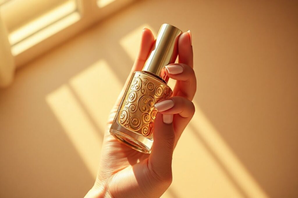 A close-up shot of a hand holding a metallic nail polish bottle in warm, golden light.