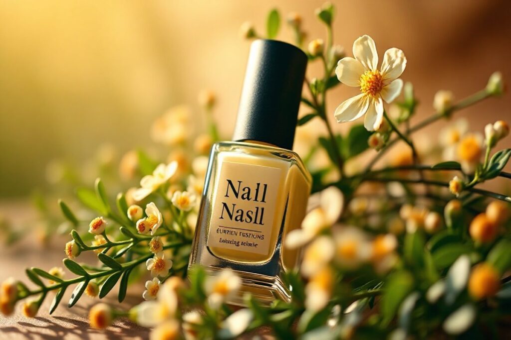 A close-up shot of a hand holding a metallic nail polish bottle in warm, golden light.