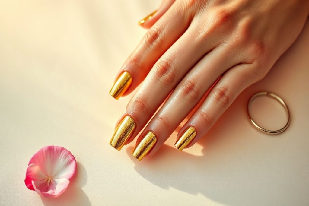 A beautifully manicured hand adorned with vibrant gold nail polish and intricate nail art.