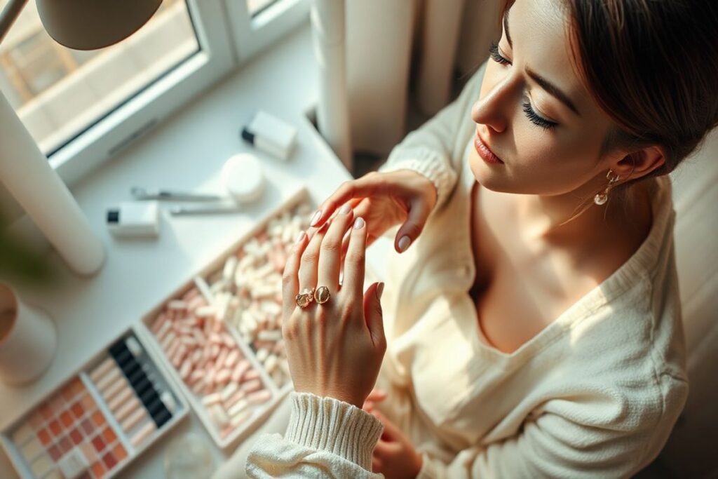 A nail artist carefully selects a nail tip for application on a female model.