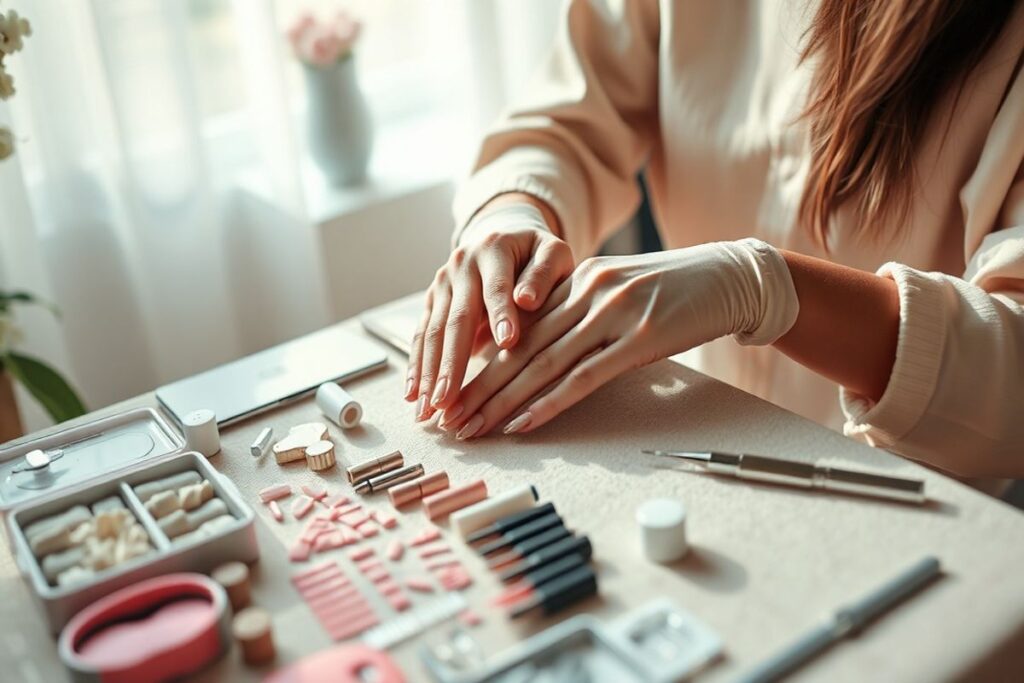 A nail technician applying nail tips to a model's hands in a spa-like setting.