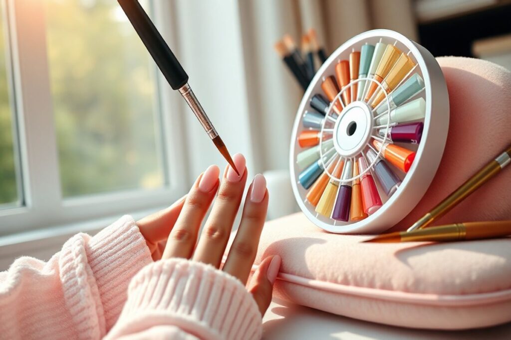 "Close-up of a nail artist applying gel polish to a pair of nails, surrounded by colorful nail tips and nail art brushes"