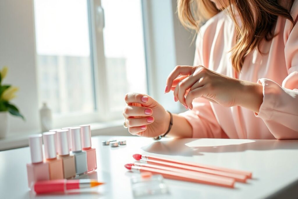 "Trendy nail technician at work, painting a vibrant pastel pink nail with precision and care"