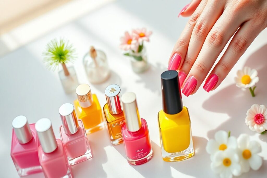 "A collection of popular nail trends by season, featuring colorful nail polishes and nail art on a white background"