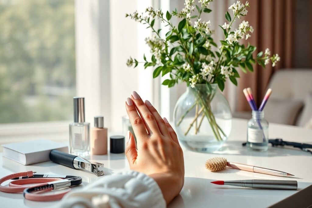 A beautifully manicured hand with trendy ombre nail design and nail beauty tools in the background