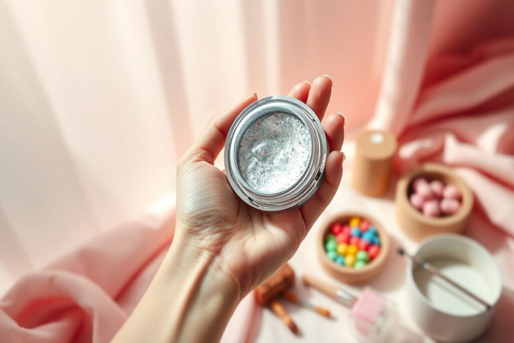 "Delicate hand holding a chrome nail powder compact, surrounded by nail art brushes and polishes"