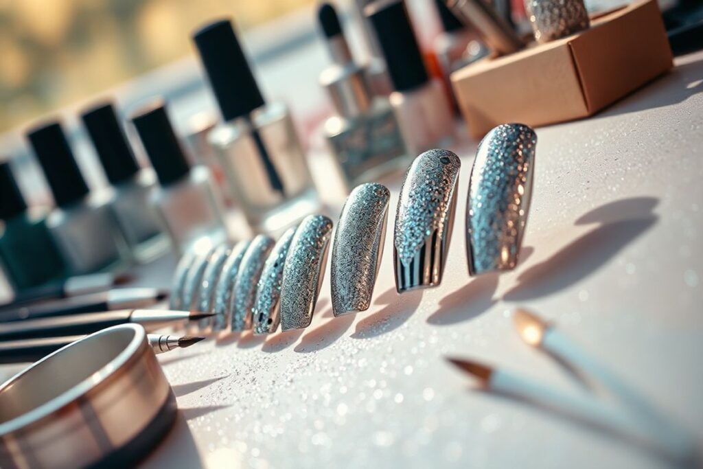 "Nail art designs created using chrome powder, surrounded by nail polish bottles and brushes"