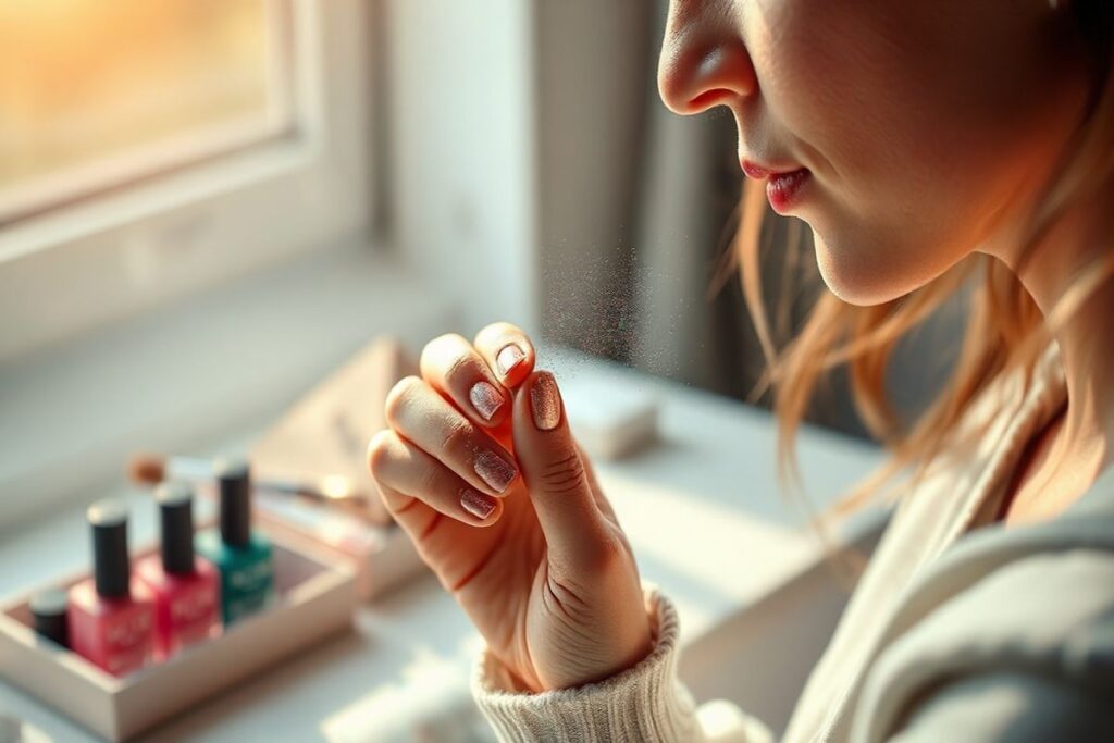 A close-up image of a nail technician applying Chrome Nail Powder for a flawless finish