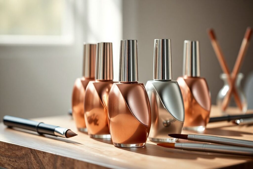 "Hyper-realistic nail polish collection with metallic finish and natural light"