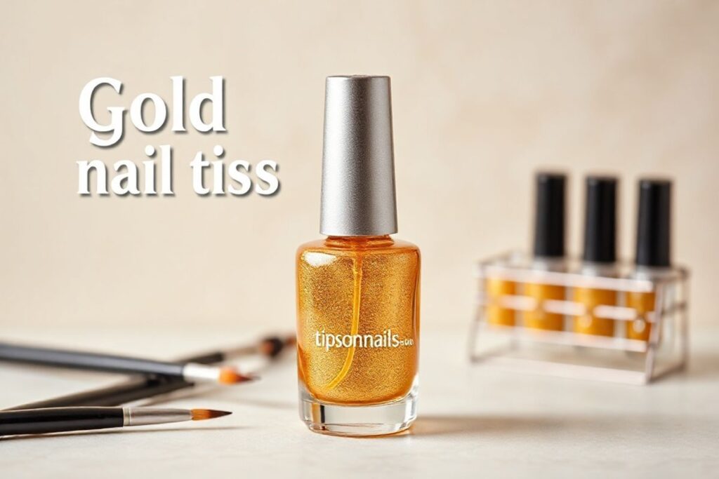 "Gold nail polish trends, nail tips, and nail art inspiration featuring a beautiful gold nail polish bottle and nail art brushes."