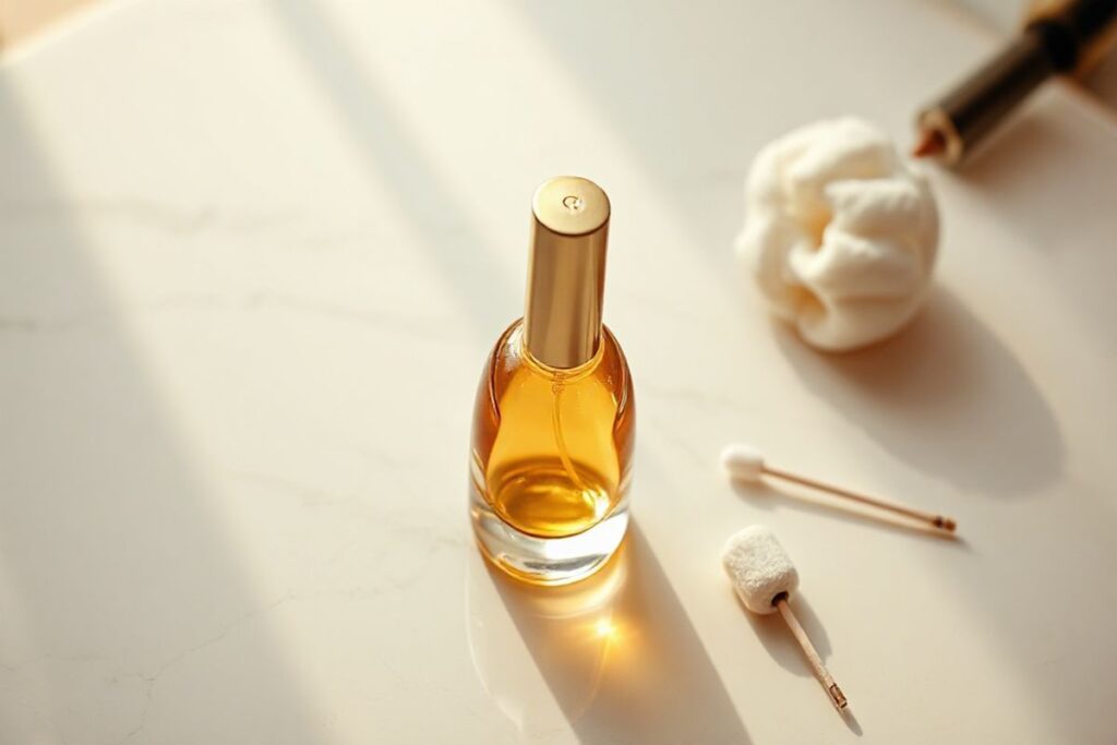 A close-up shot of a gold nail polish bottle on a minimalist surface