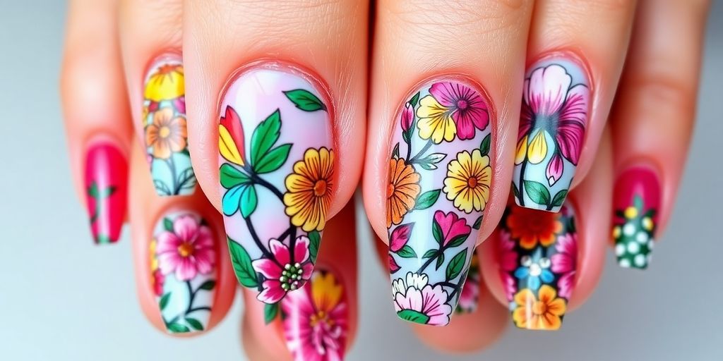 Colorful floral nail designs on manicured hands.