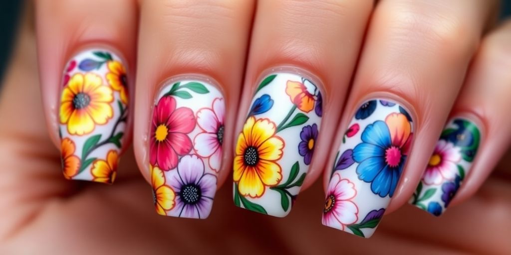 Close-up of Magnolia nails with floral designs and colors.