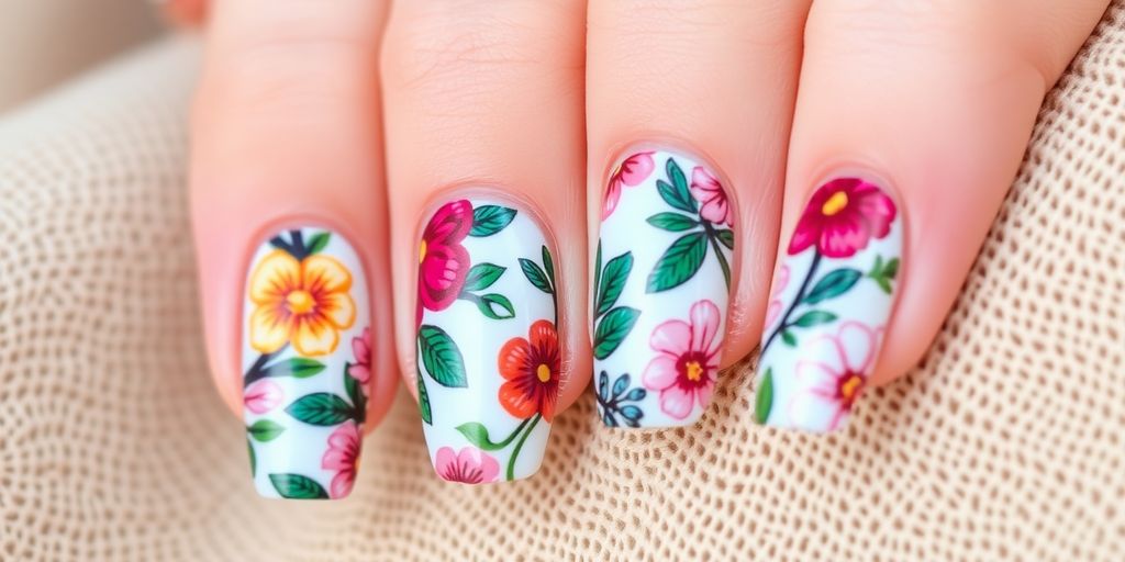 Close-up of artistic Magnolia Nails with floral designs.